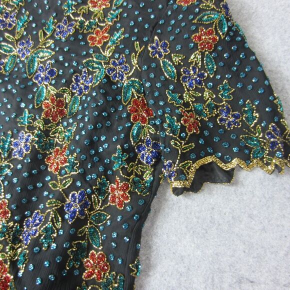 Lawrence Kazar Top Adult Women Beaded Floral  Short Sleeve Blouse Silk 2X Plus - Picture 6 of 16